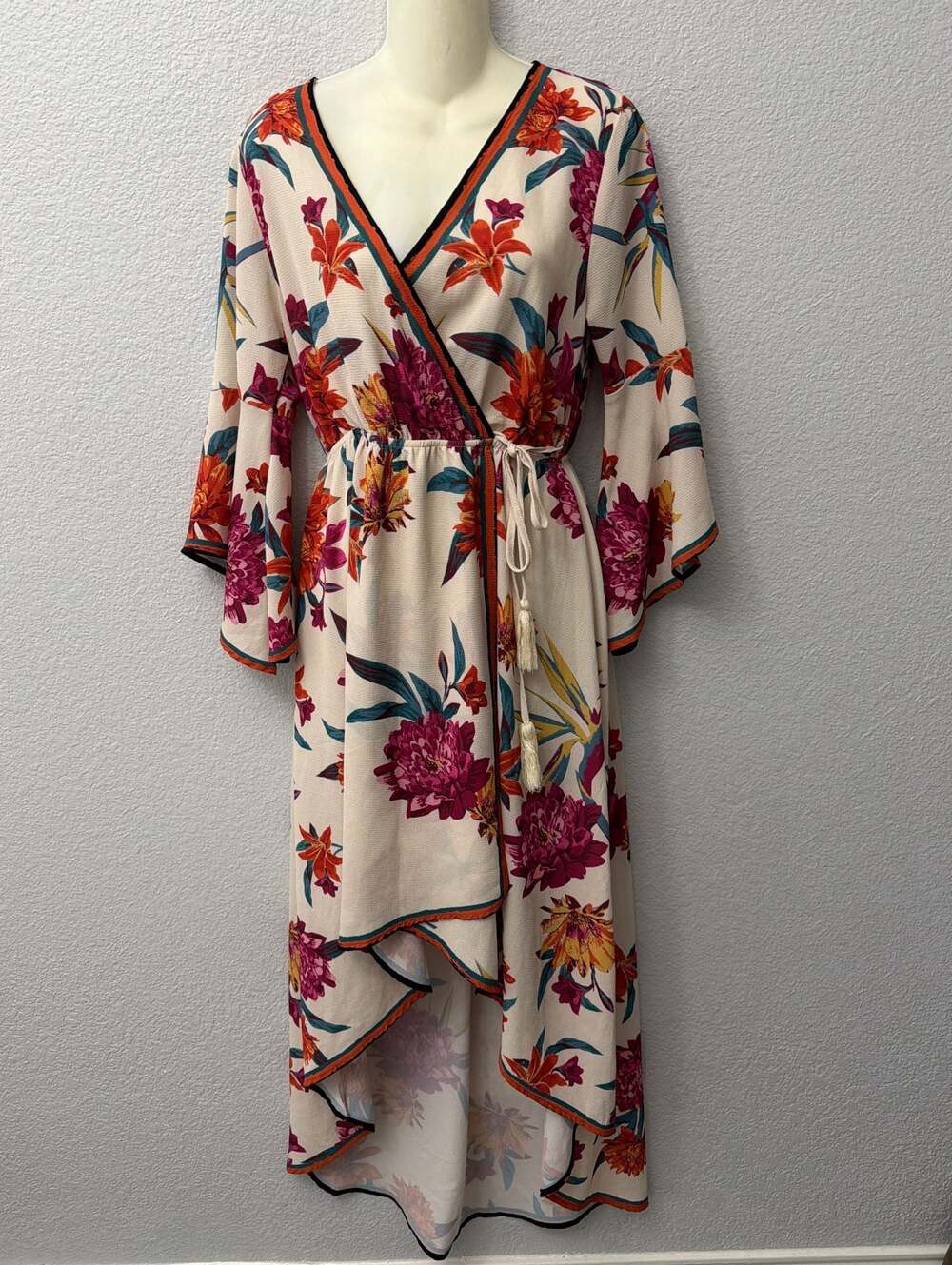Flying Tomato Floral High-Low Kimono Dress With Tassel Tie Waist